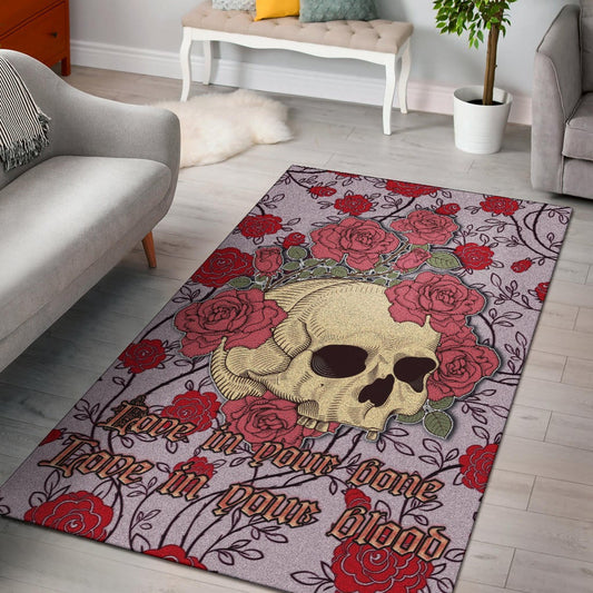 Valentine Area Rug - Skulls With Red Roses Flower Love In Bone And Blood Rugs Home Decor