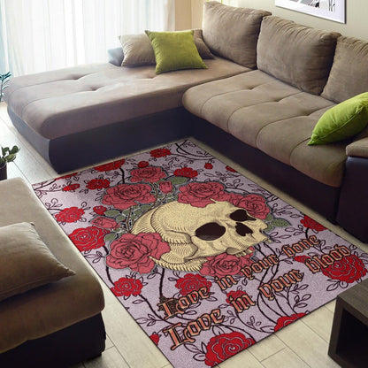 Valentine Area Rug - Skulls With Red Roses Flower Love In Bone And Blood Rugs Home Decor