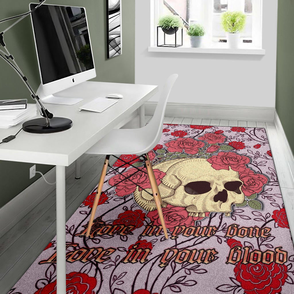 Valentine Area Rug - Skulls With Red Roses Flower Love In Bone And Blood Rugs Home Decor