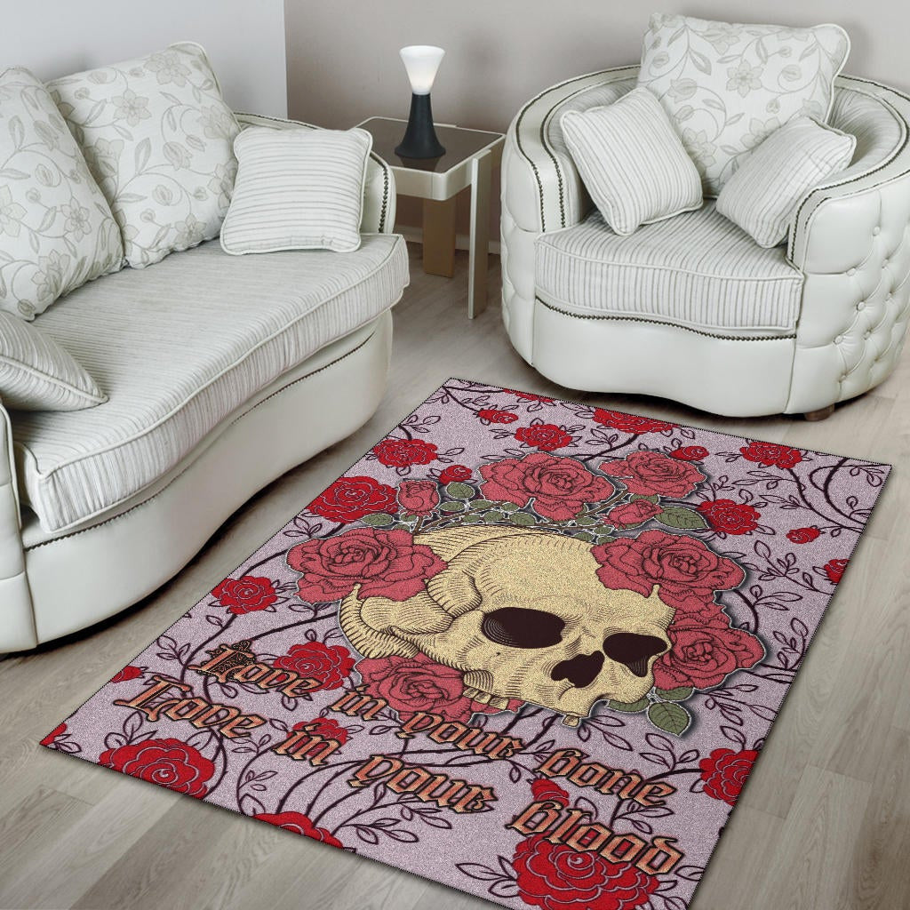Valentine Area Rug - Skulls With Red Roses Flower Love In Bone And Blood Rugs Home Decor