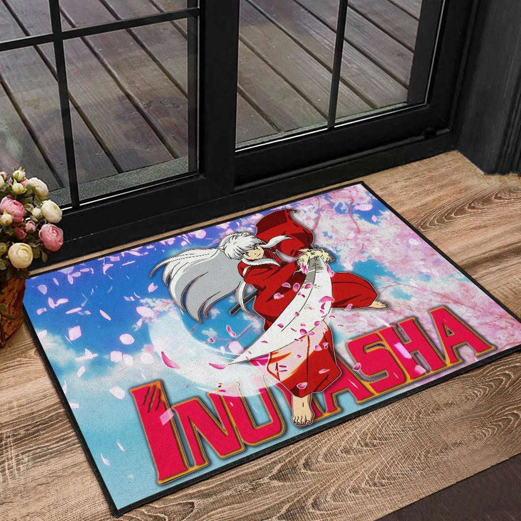 Inuyasha Anime Door Mat Inuyasha Using Sword Sakura Blossom Flower Flying Door Mat Home Decor