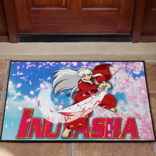 Inuyasha Anime Door Mat Inuyasha Using Sword Sakura Blossom Flower Flying Door Mat Home Decor