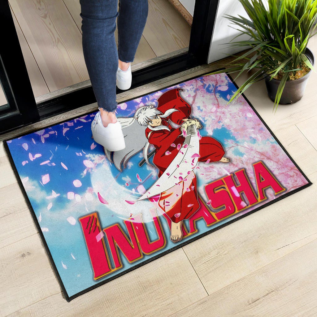 Inuyasha Anime Door Mat Inuyasha Using Sword Sakura Blossom Flower Flying Door Mat Home Decor