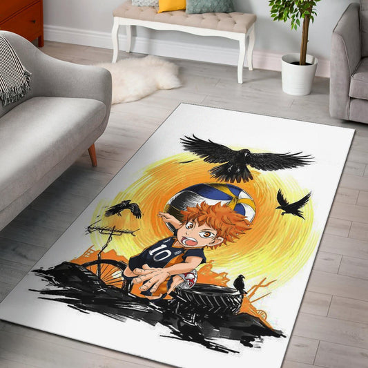 Haikyuu Anime Area Rug - Chibi Shouyou Hinata 10 Playing Volleyball Black Ravens Rugs Home Decor
