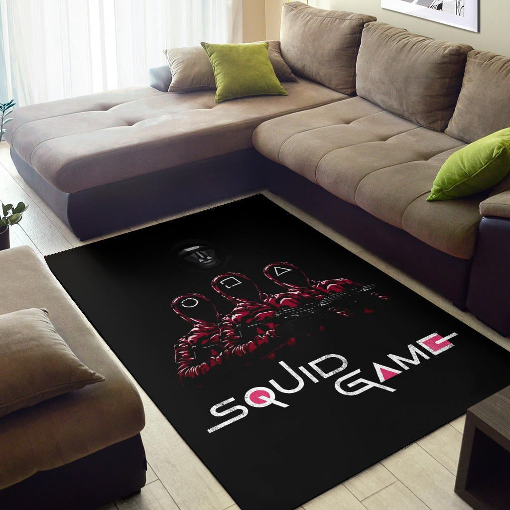 Squid Game Movie Area Rug - Squid Workers Round Square Triangle Face Black Metal Mask Boss Rugs Home Decor