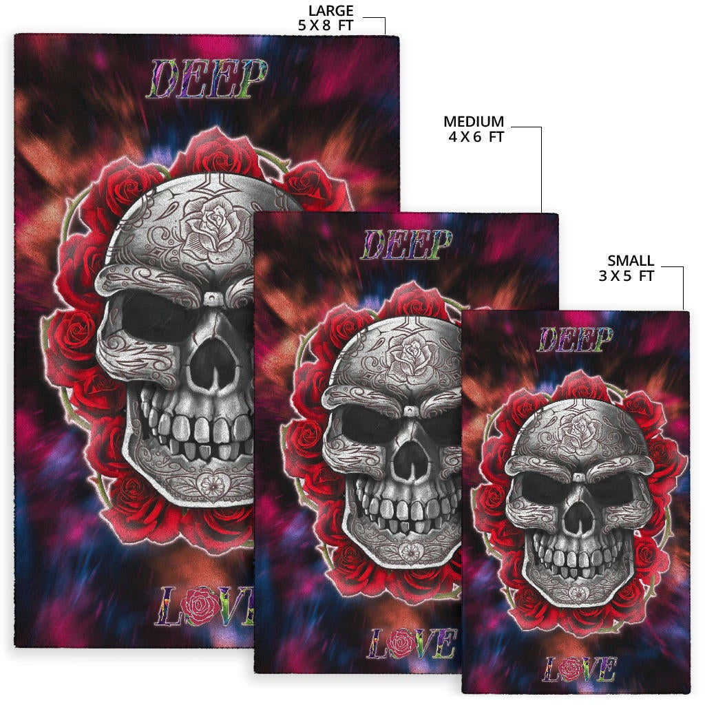 Valentine Area Rug - Red Rose Tattooed Skull Deep Love Rugs Home Decor