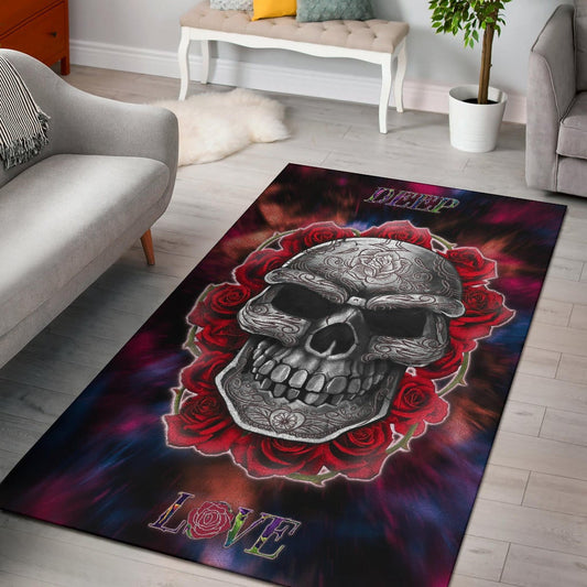 Valentine Area Rug - Red Rose Tattooed Skull Deep Love Rugs Home Decor