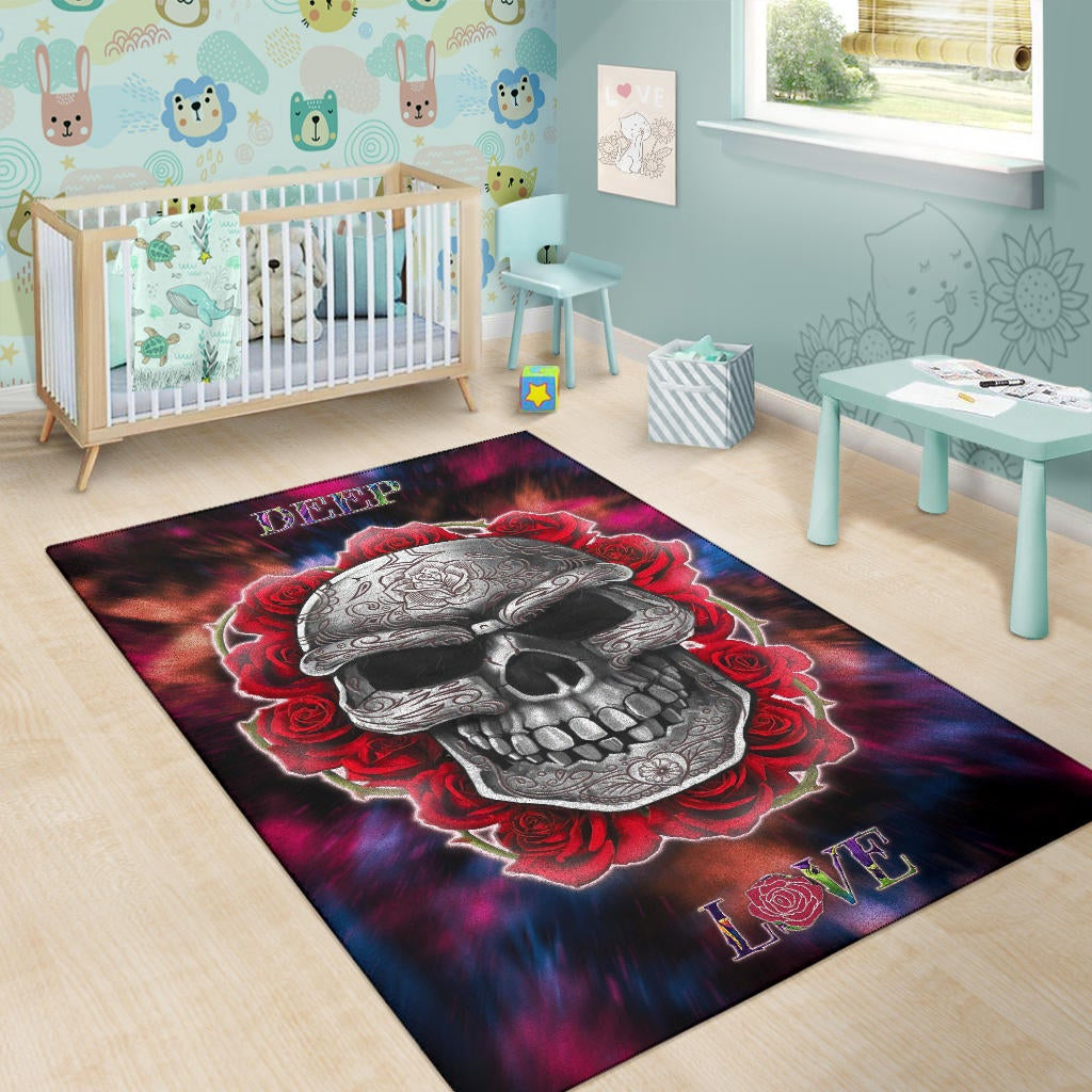 Valentine Area Rug - Red Rose Tattooed Skull Deep Love Rugs Home Decor
