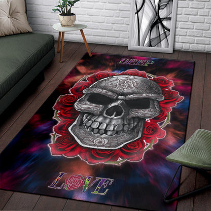 Valentine Area Rug - Red Rose Tattooed Skull Deep Love Rugs Home Decor