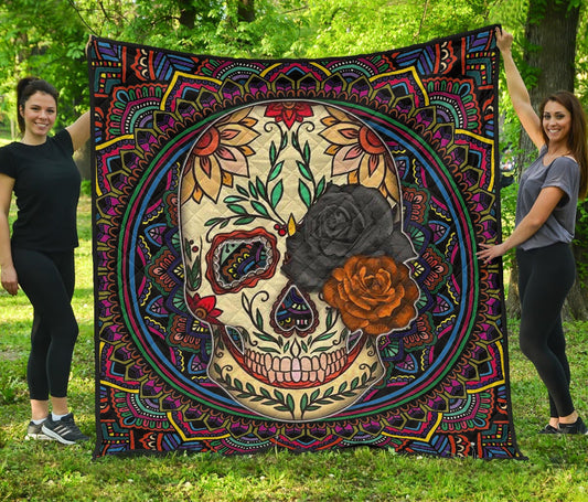 Valentine Premium Quilt - Colored Mandala Skull Background Roses