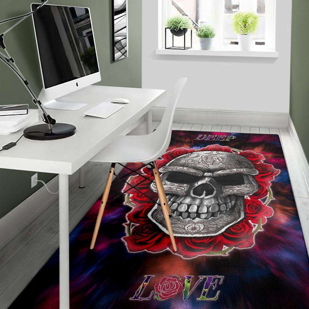 Valentine Area Rug - Red Rose Tattooed Skull Deep Love Rugs Home Decor