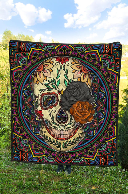 Valentine Premium Quilt - Colored Mandala Skull Background Roses