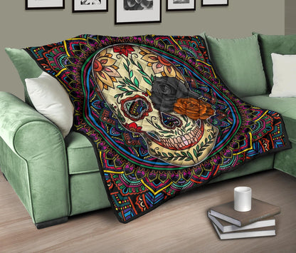 Valentine Premium Quilt - Colored Mandala Skull Background Roses