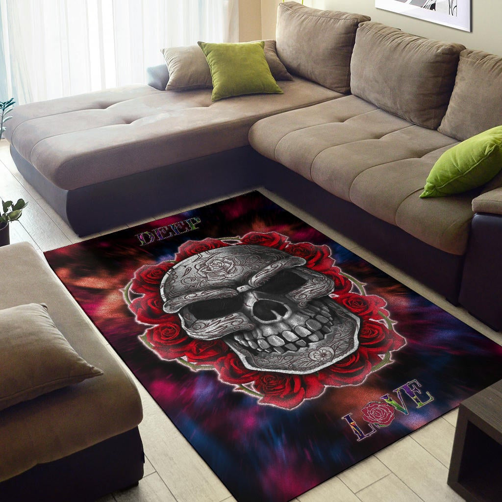 Valentine Area Rug - Red Rose Tattooed Skull Deep Love Rugs Home Decor