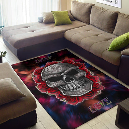 Valentine Area Rug - Red Rose Tattooed Skull Deep Love Rugs Home Decor