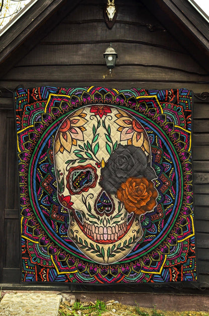 Valentine Premium Quilt - Colored Mandala Skull Background Roses