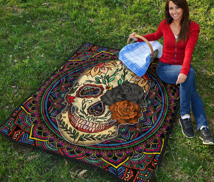Valentine Premium Quilt - Colored Mandala Skull Background Roses