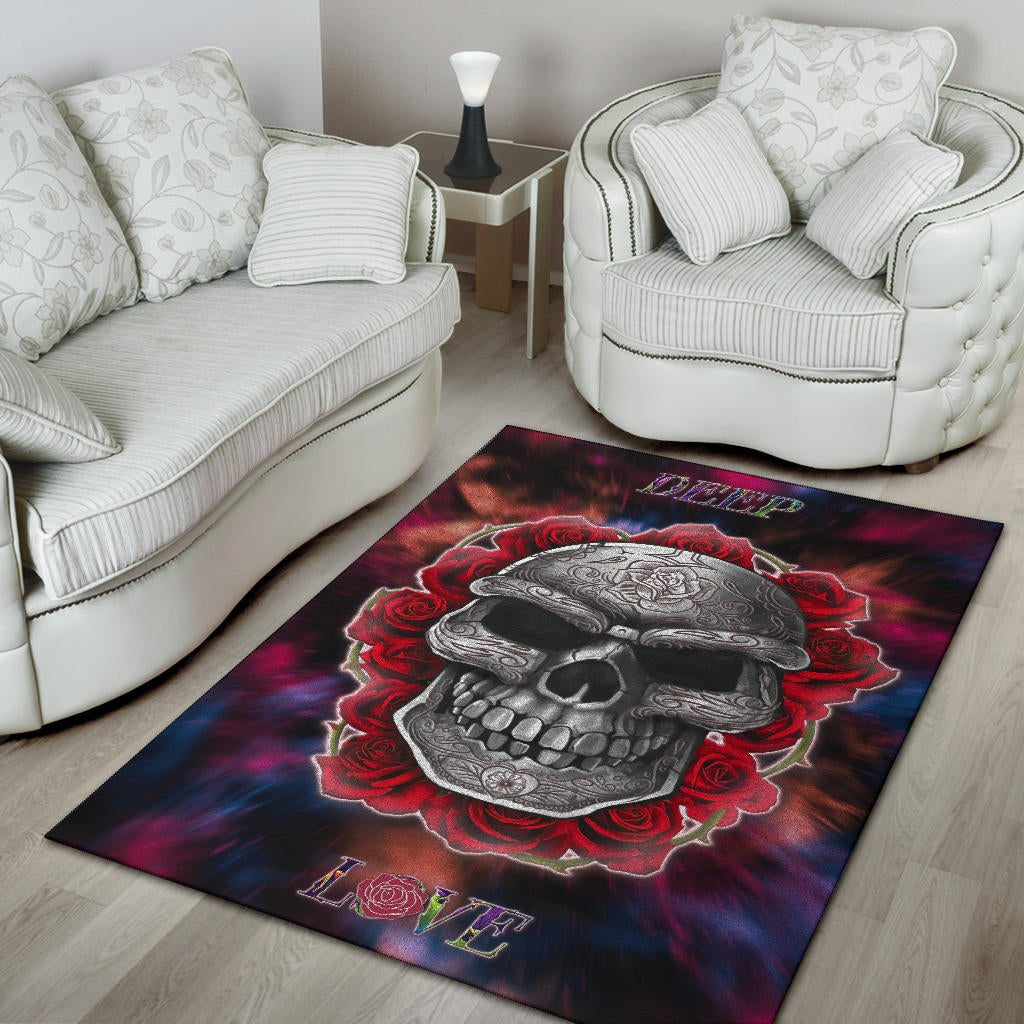 Valentine Area Rug - Red Rose Tattooed Skull Deep Love Rugs Home Decor