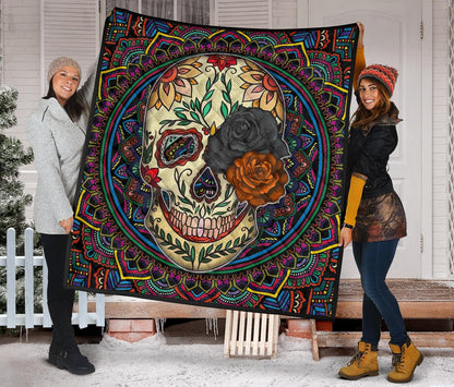 Valentine Premium Quilt - Colored Mandala Skull Background Roses