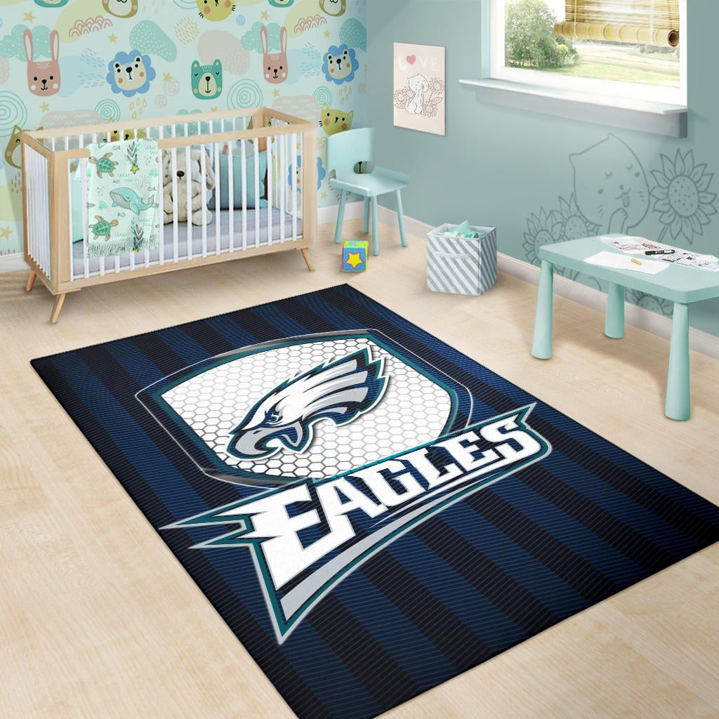 Philadelphia Eagles American Football Team Area Rug Eagle Head On The Shield Black And Blue Lines Rugs Home Decor