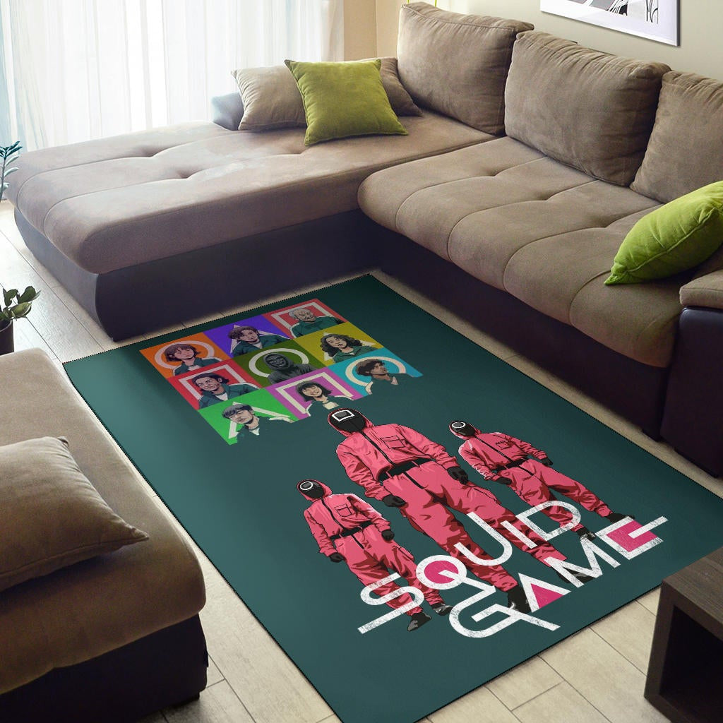 Squid Game Movie Area Rug Players Portrait With Black Masked Boss And Squid Worker Standing Rugs Home Decor