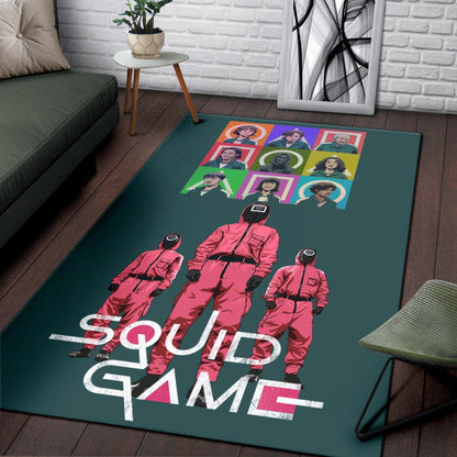 Squid Game Movie Area Rug Players Portrait With Black Masked Boss And Squid Worker Standing Rugs Home Decor