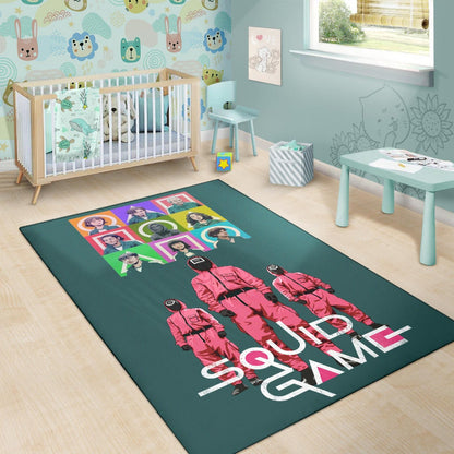 Squid Game Movie Area Rug Players Portrait With Black Masked Boss And Squid Worker Standing Rugs Home Decor