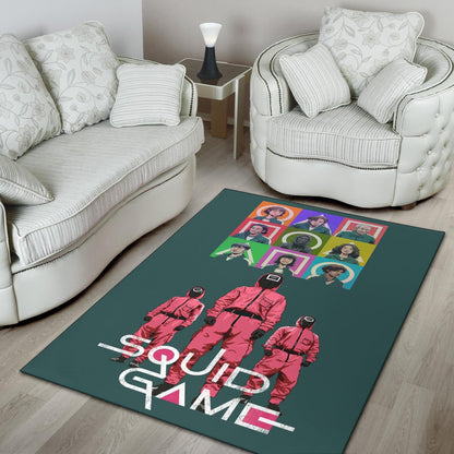 Squid Game Movie Area Rug Players Portrait With Black Masked Boss And Squid Worker Standing Rugs Home Decor