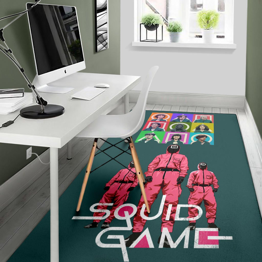 Squid Game Movie Area Rug Players Portrait With Black Masked Boss And Squid Worker Standing Rugs Home Decor