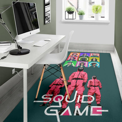 Squid Game Movie Area Rug Players Portrait With Black Masked Boss And Squid Worker Standing Rugs Home Decor