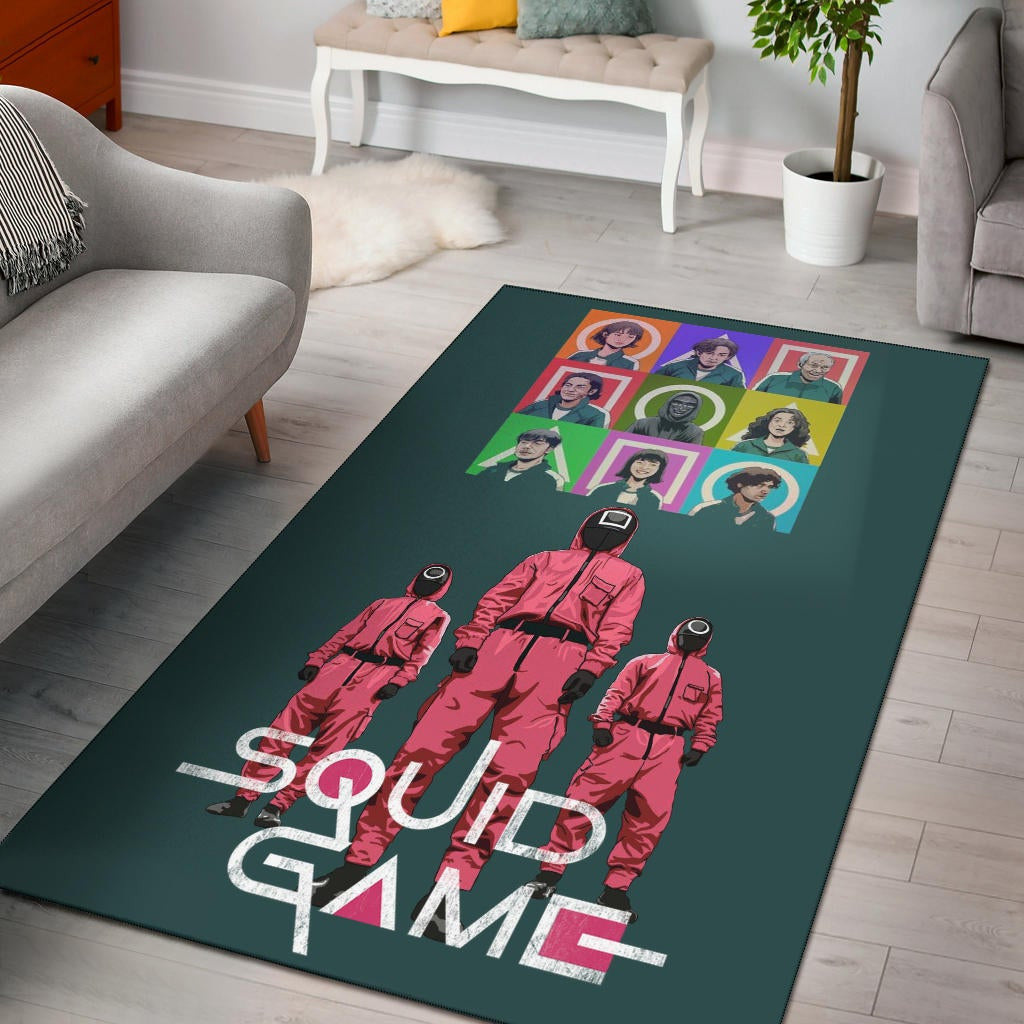 Squid Game Movie Area Rug Players Portrait With Black Masked Boss And Squid Worker Standing Rugs Home Decor