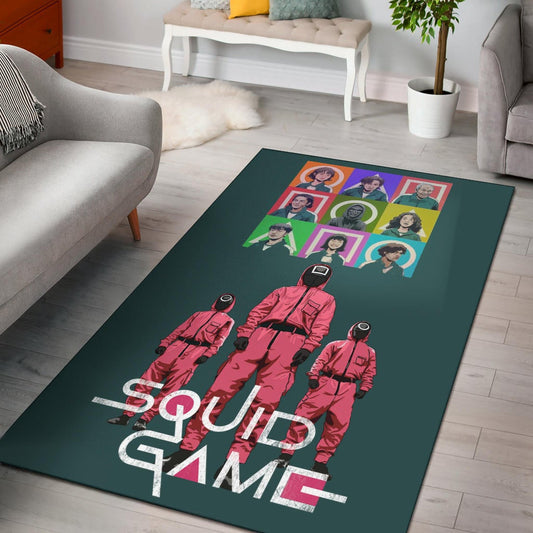 Squid Game Movie Area Rug Players Portrait With Black Masked Boss And Squid Worker Standing Rugs Home Decor