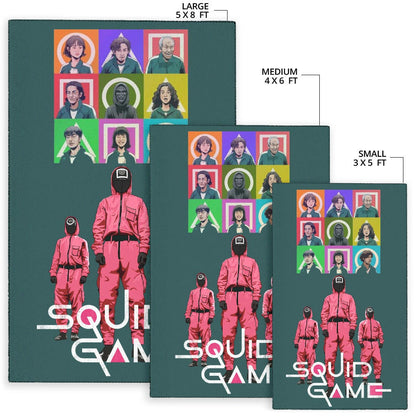 Squid Game Movie Area Rug Players Portrait With Black Masked Boss And Squid Worker Standing Rugs Home Decor