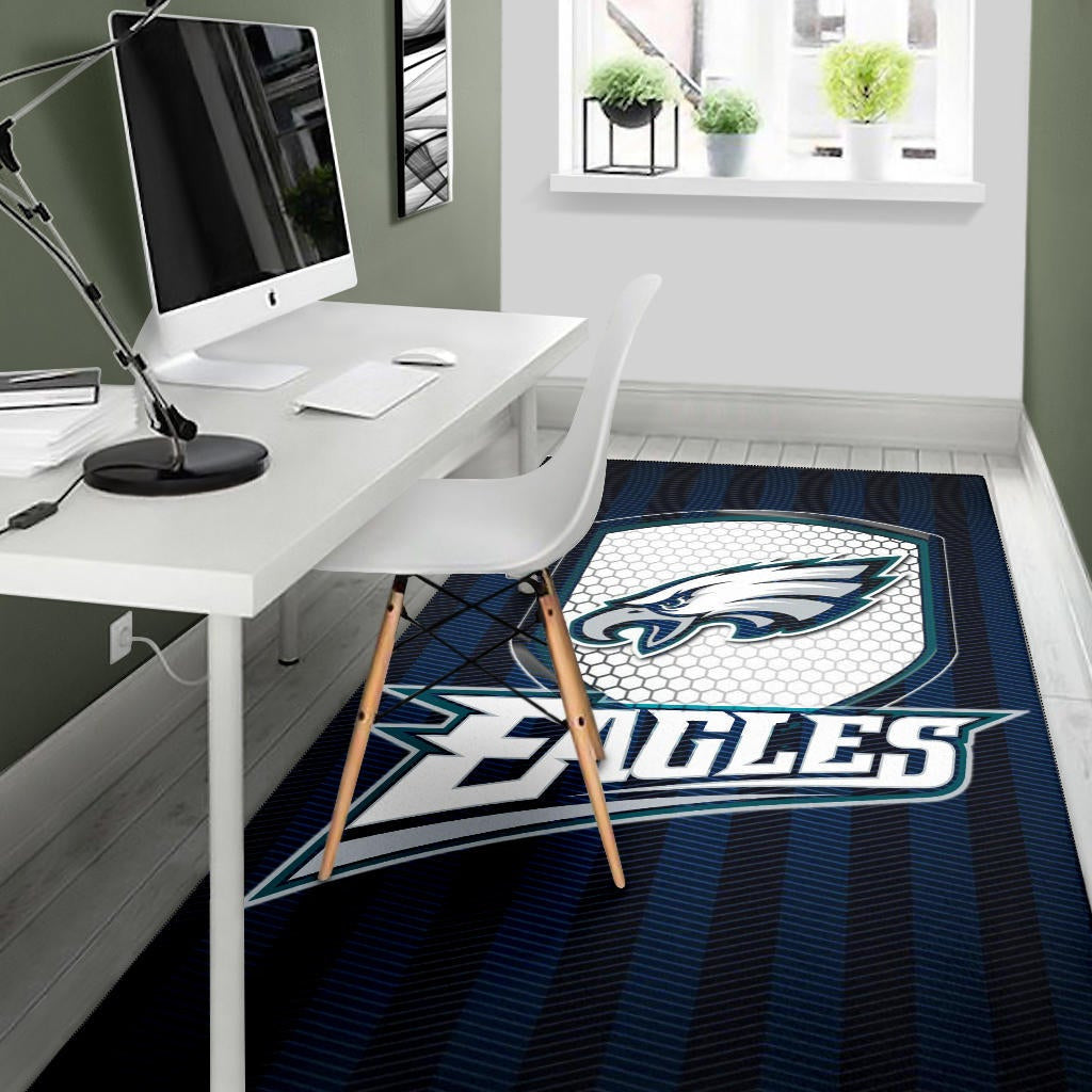 Philadelphia Eagles American Football Team Area Rug Eagle Head On The Shield Black And Blue Lines Rugs Home Decor