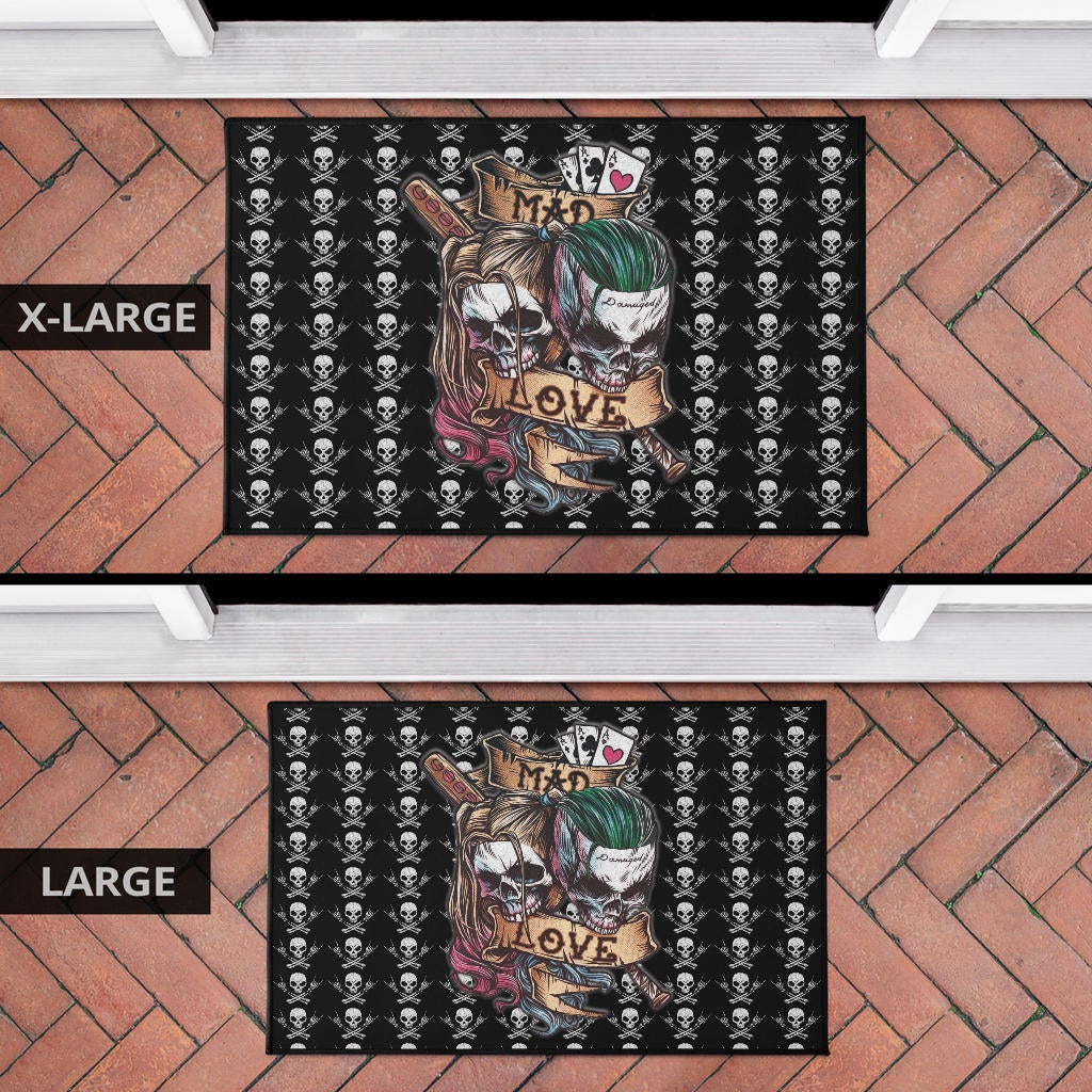 Valentine Door Mat - Mad Love Harley Quinn And Joker Skull Patterns Door Mat