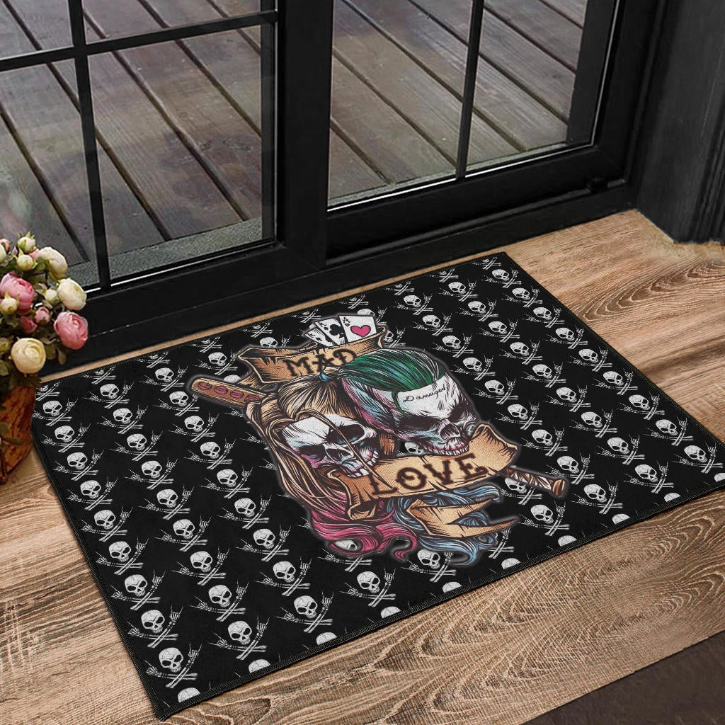 Valentine Door Mat - Mad Love Harley Quinn And Joker Skull Patterns Door Mat