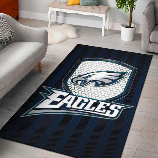 Philadelphia Eagles American Football Team Area Rug Eagle Head On The Shield Black And Blue Lines Rugs Home Decor
