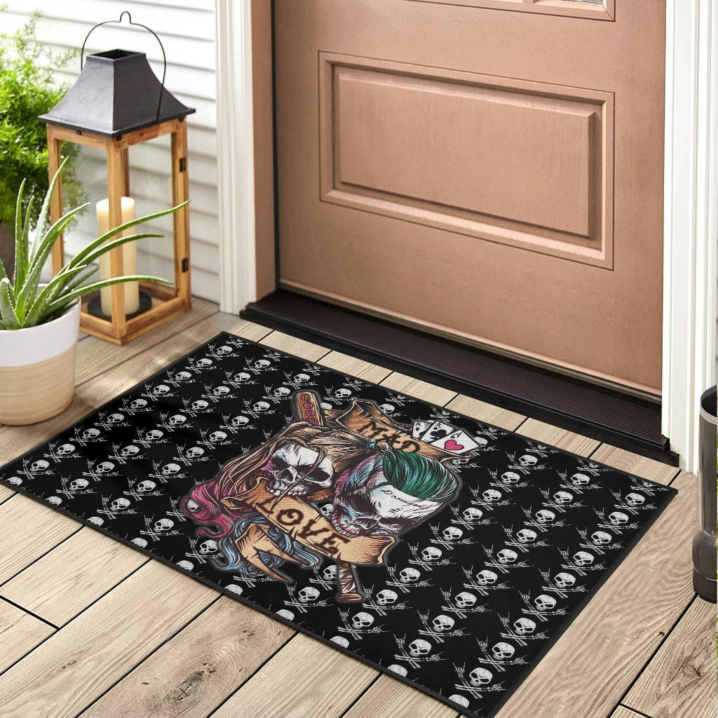 Valentine Door Mat - Mad Love Harley Quinn And Joker Skull Patterns Door Mat