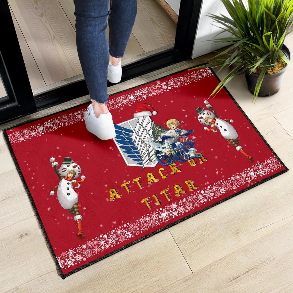 Attack On Titan Anime Door Mat - Merry Christmas AOT Armin Cosplay Snowman Red Door Mat
