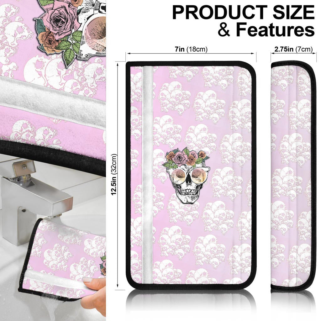 Valentine Seat Belt Covers - Skull Wearing Glasses And Flowers Crown Pink Belt Covers
