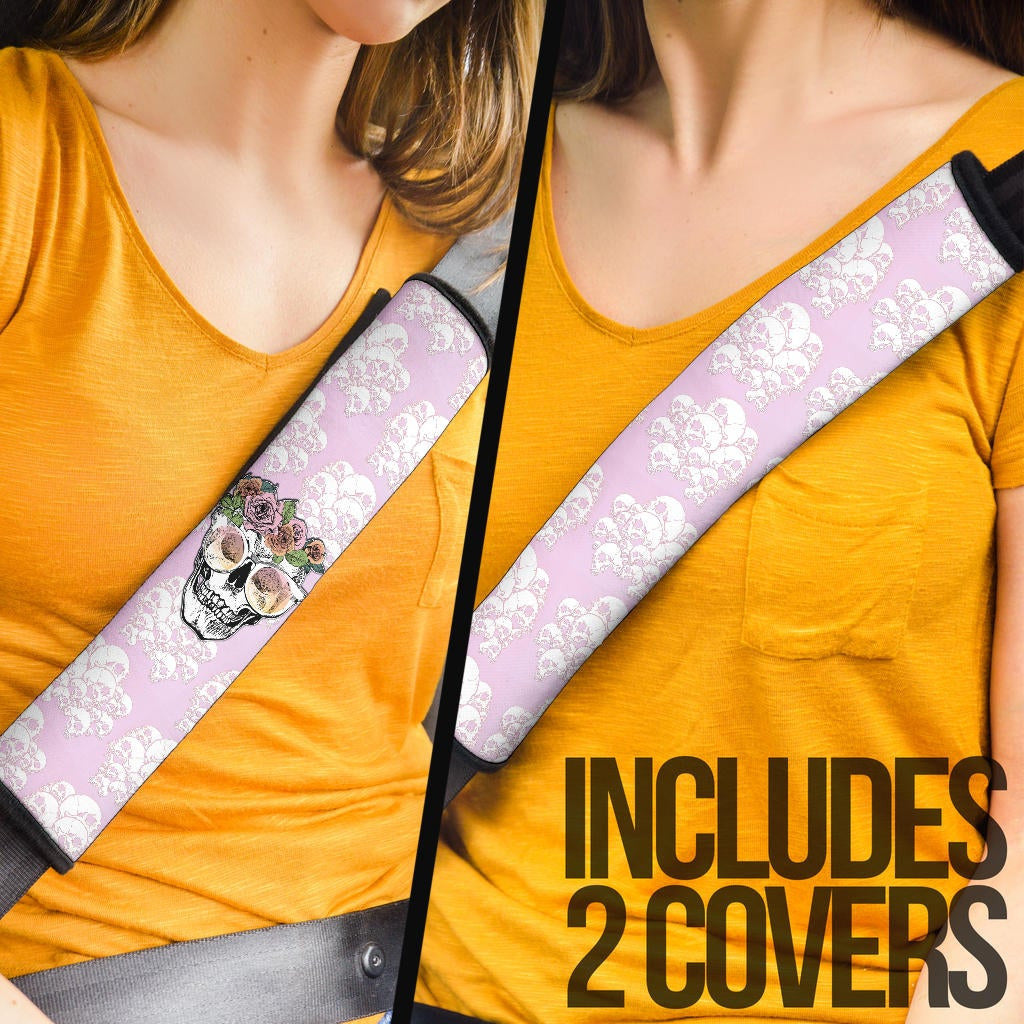 Valentine Seat Belt Covers - Skull Wearing Glasses And Flowers Crown Pink Belt Covers