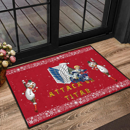 Attack On Titan Anime Door Mat - Merry Christmas AOT Armin Cosplay Snowman Red Door Mat
