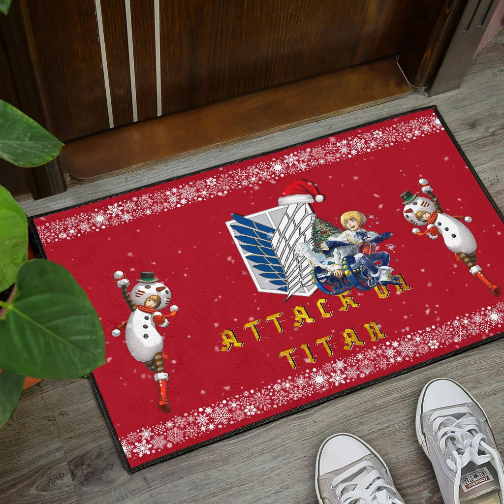 Attack On Titan Anime Door Mat - Merry Christmas AOT Armin Cosplay Snowman Red Door Mat