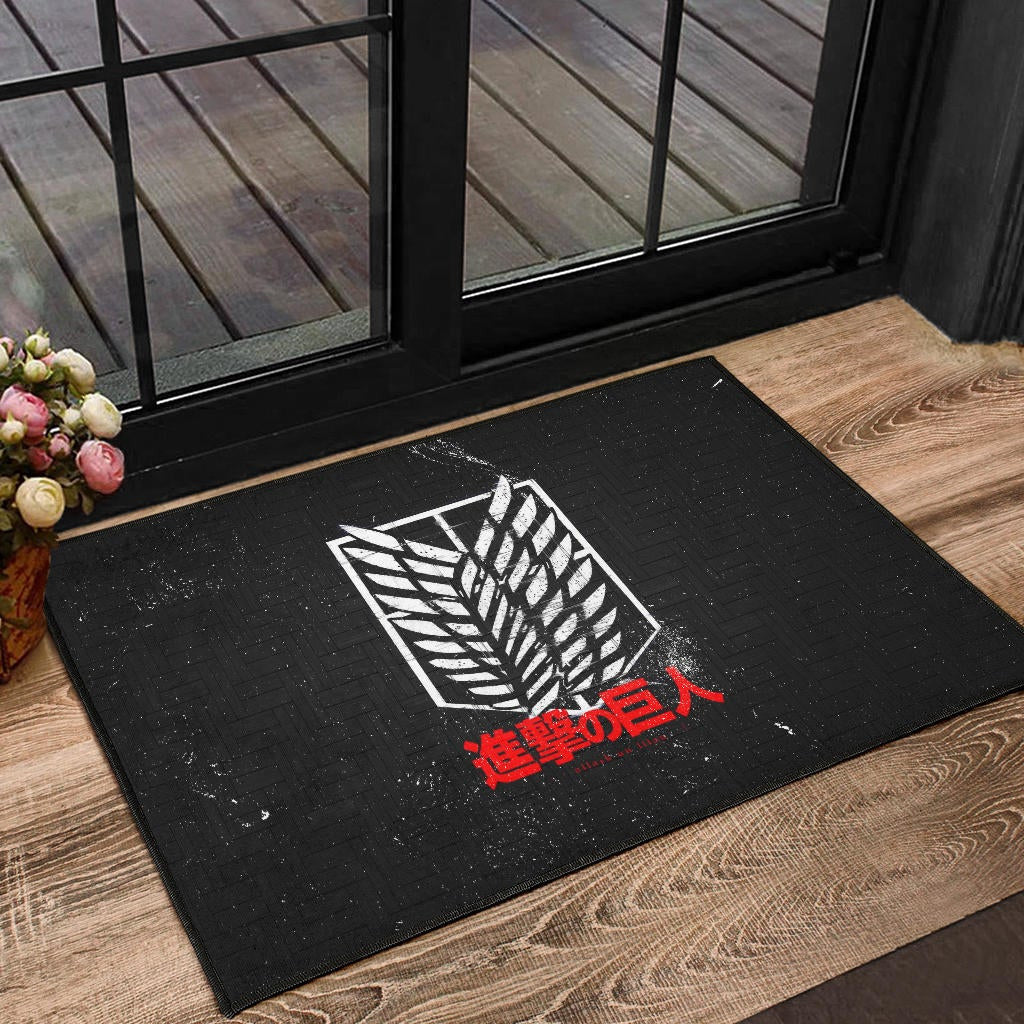 Attack On Titan Anime Door Mat - White Faded Wings Of Free Symbol Red Kanji Door Mat Home Decor
