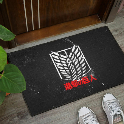 Attack On Titan Anime Door Mat - White Faded Wings Of Free Symbol Red Kanji Door Mat Home Decor
