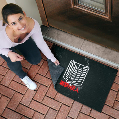 Attack On Titan Anime Door Mat - White Faded Wings Of Free Symbol Red Kanji Door Mat Home Decor
