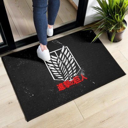 Attack On Titan Anime Door Mat - White Faded Wings Of Free Symbol Red Kanji Door Mat Home Decor
