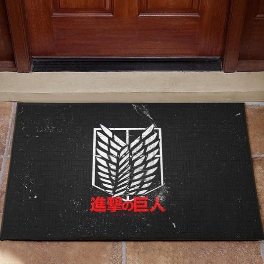 Attack On Titan Anime Door Mat - White Faded Wings Of Free Symbol Red Kanji Door Mat Home Decor