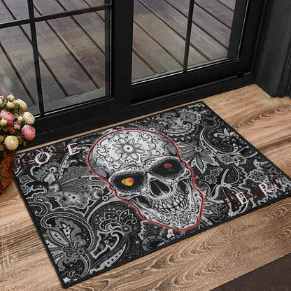 Valentine Door Mat - Tattooed Skull Rose Heart In Eyes Black White Pattern Door Mat Home Decor