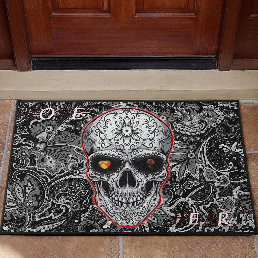 Valentine Door Mat - Tattooed Skull Rose Heart In Eyes Black White Pattern Door Mat Home Decor